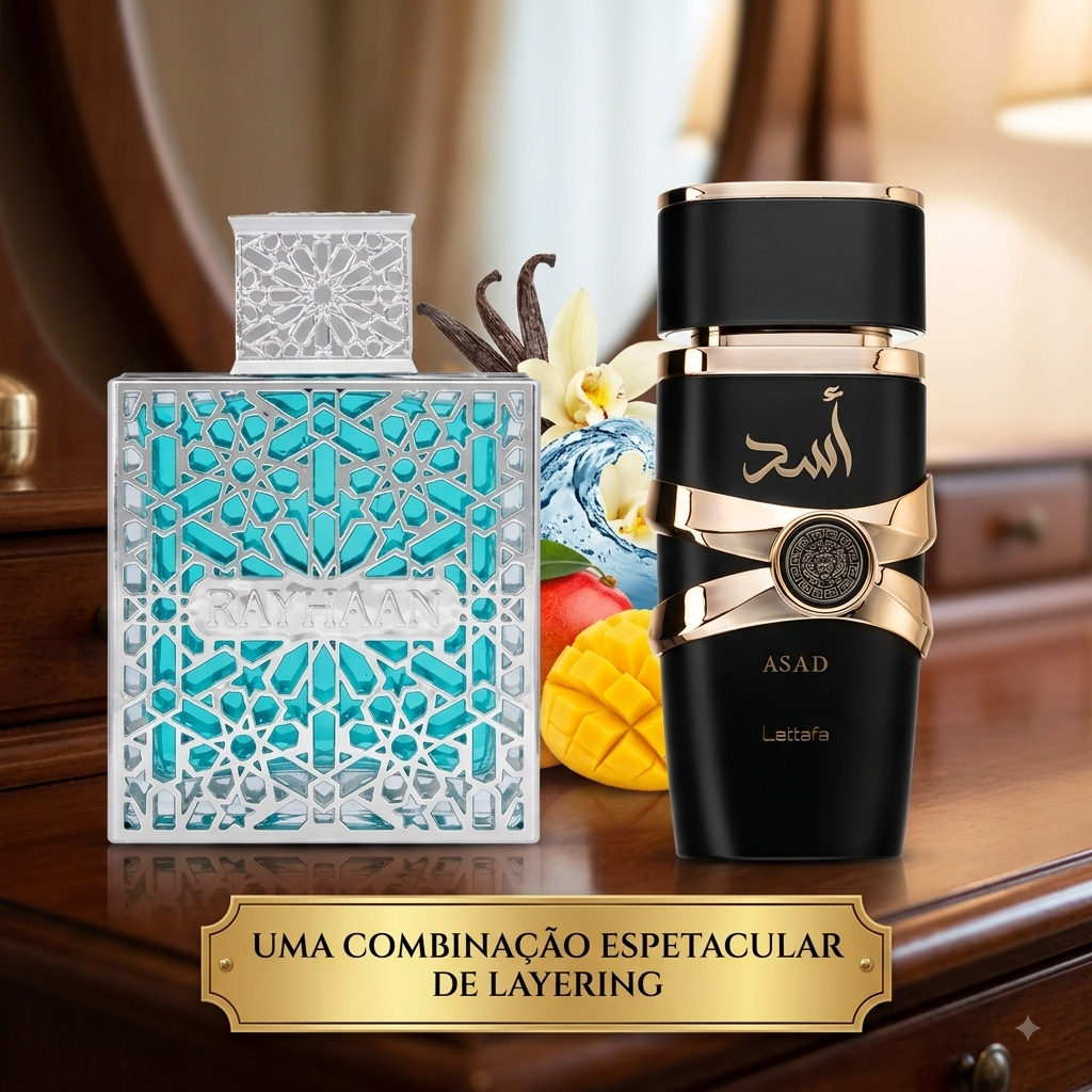 Conjunto de perfumes Luxos do Oriente Asad e Rayhaan Aquática, frascos elegantes de vidro com rótulos detalhados.