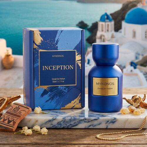 Frasco de perfume Inception Extrait de Parfum Mykonos da Luxos do Oriente, com design elegante e rótulo detalhado.