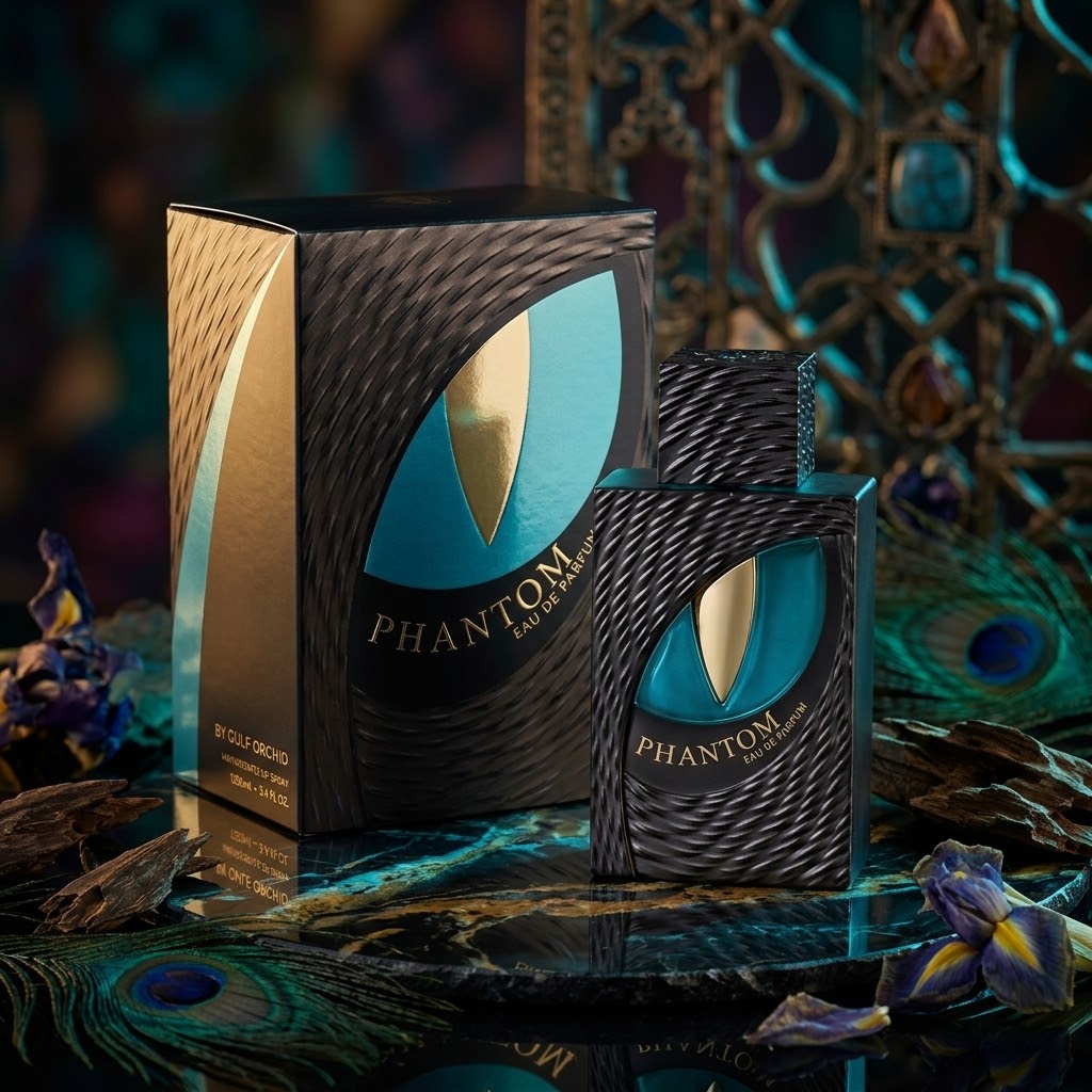 Perfume Phantom Eau de Parfum Gulf Orchid da Luxos do Oriente, frasco com design elegante e detalhes da fragrância.