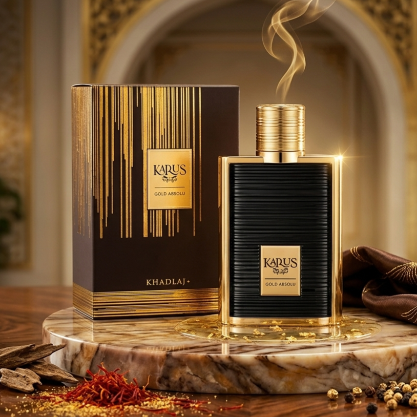 Perfume Karus Gold Absolu da Khadlaj, Eau de Parfum, com frasco dourado e design elegante, ideal para ocasiões especiais.