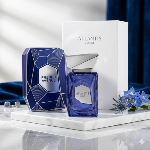 Frasco de perfume Atlantis da Luxos do Oriente, Extrait de Parfum French Avenue Original, com design elegante e detalhes sofisticados