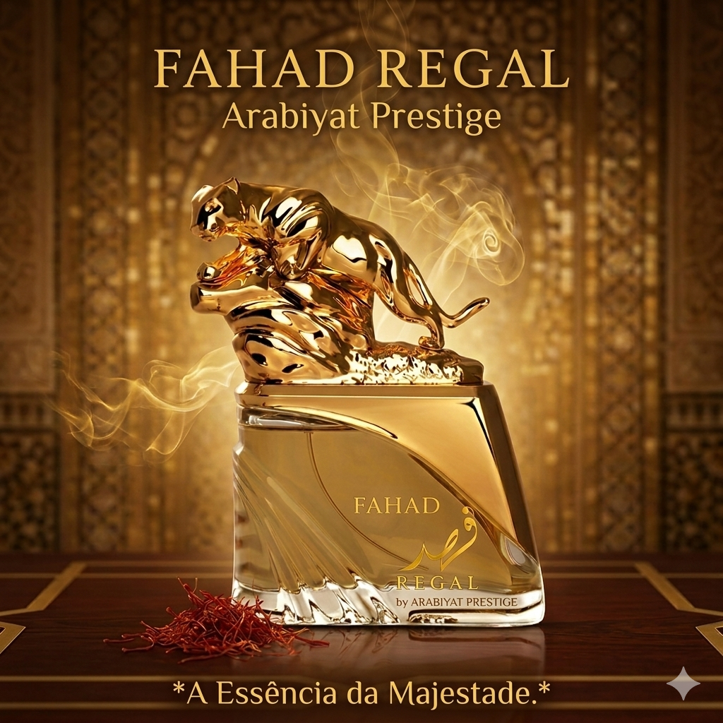 Fahad Regal Eau de Parfum Arabiyat Prestige, frasco elegante com detalhes dourados, destaque para a fragrância luxuosa e refinada.