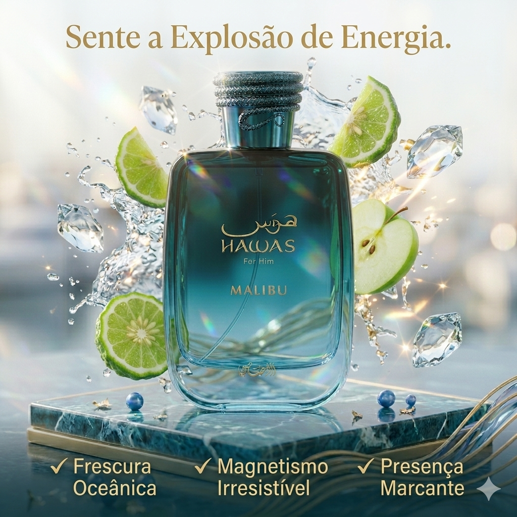 Frasco de Eau de Parfum Hawas Malibu da Rasasi, com design elegante e detalhes dourados, sobre fundo neutro.