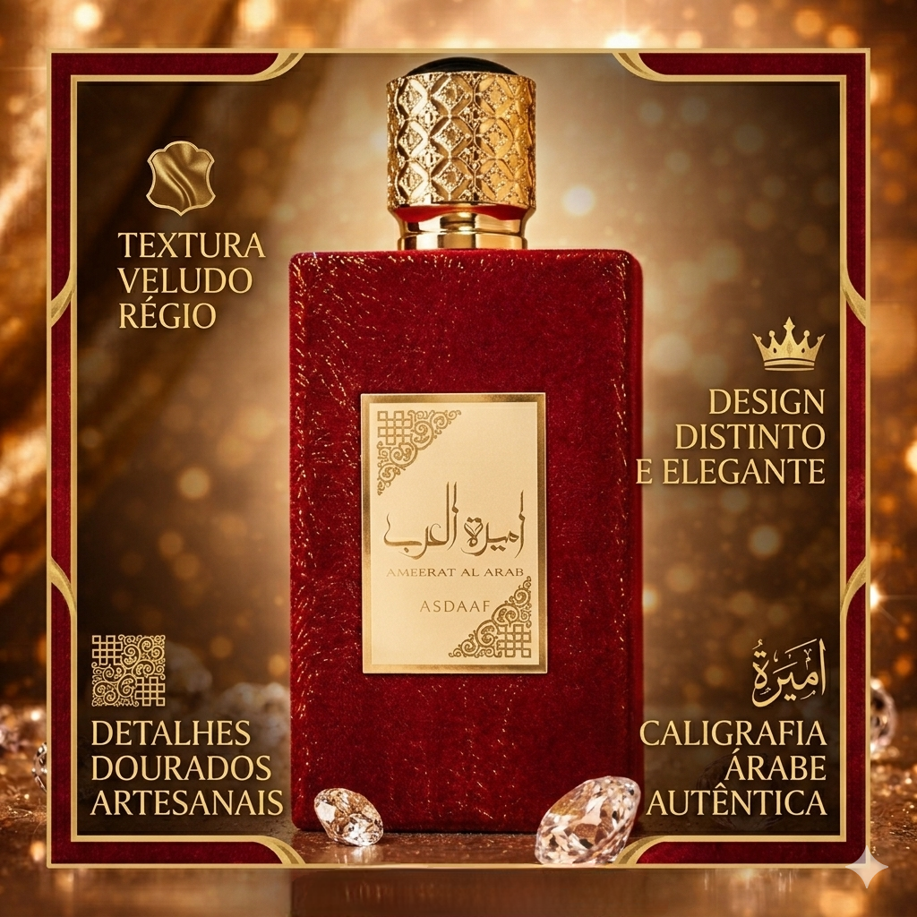 Frasco de 100ml de Ameerat Al Arab Asdaf Lattafa, perfume original da marca Oud de Ouro, com design elegante e embalagem.