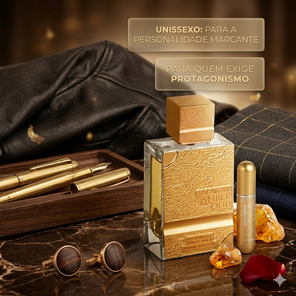 Frasco de perfume Al Haramain Amber Oud Gold Dubai Edition, extrato de parfum de luxo, com embalagem dourada.