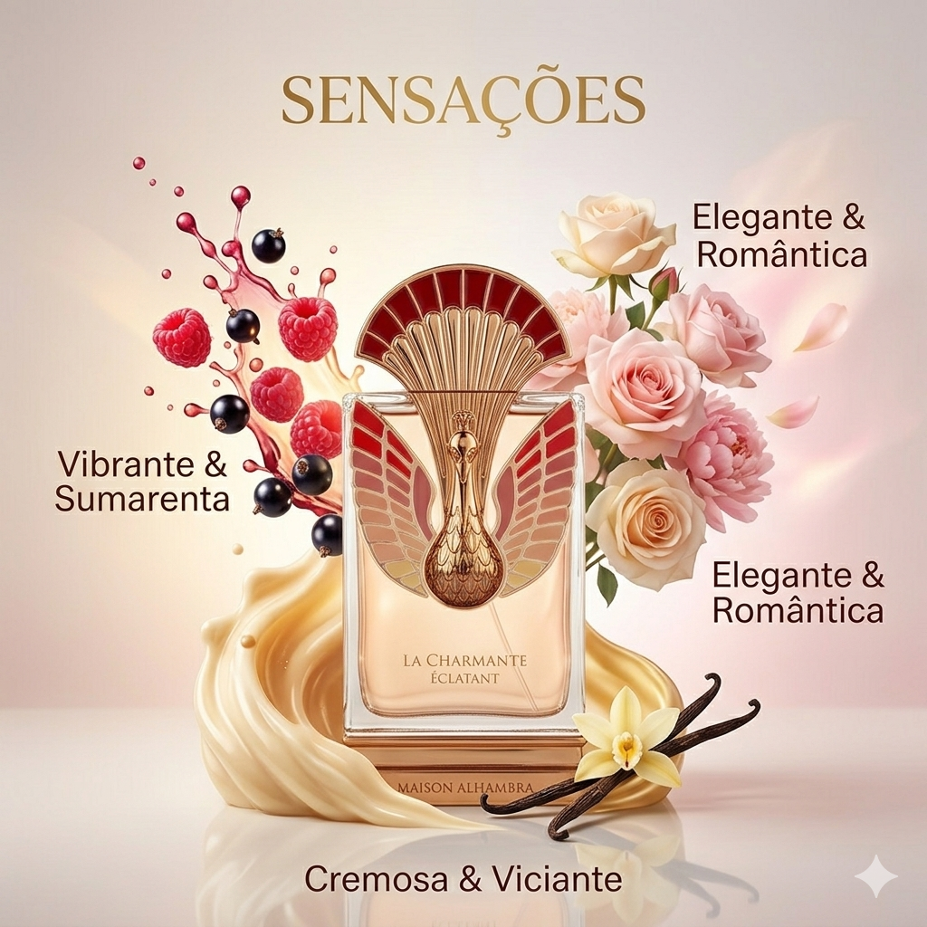Frasco de Eau de Parfum La Charmante Éclatant da Maison Alhambra, embalagem elegante com detalhes dourados e design sofisticado.