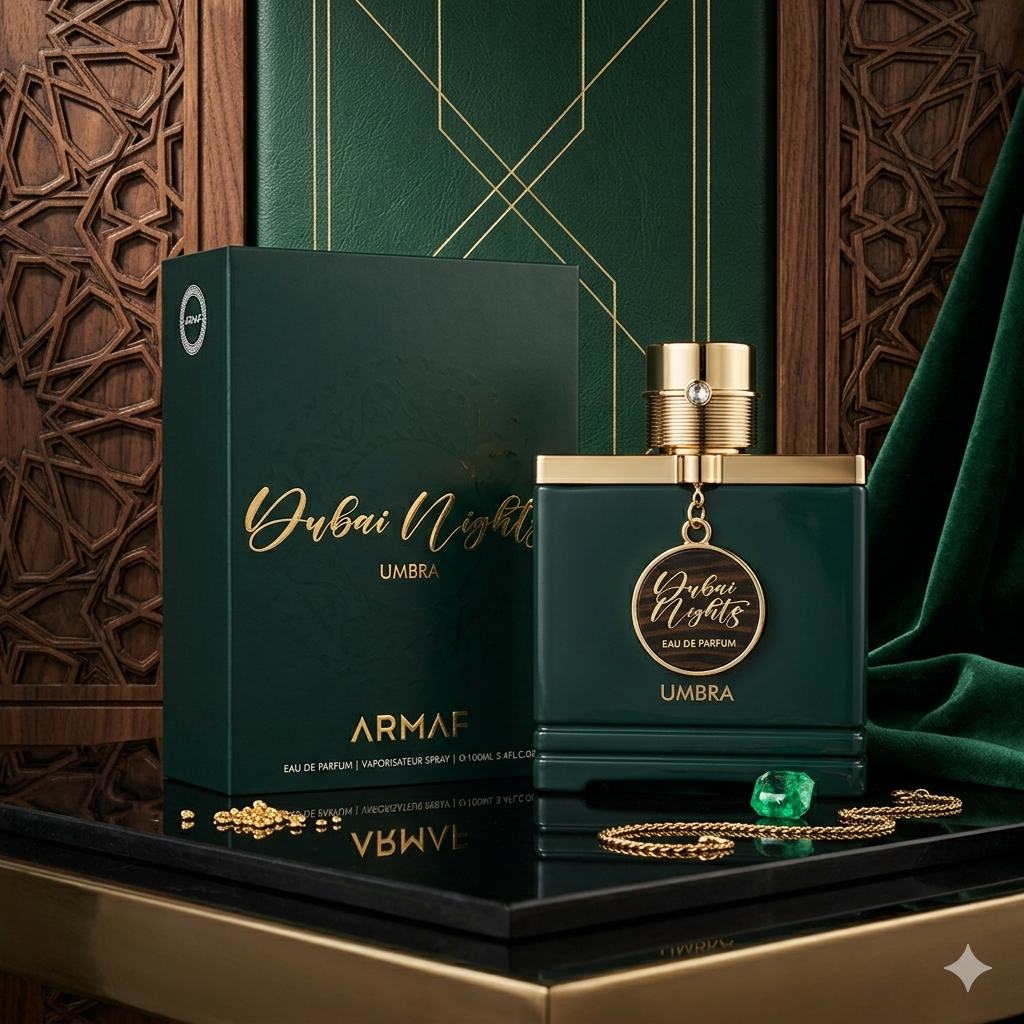 Frasco de Eau de Parfum Dubai Nights Umbra da Armaf, fragrância oriental com design elegante e detalhes dourados.