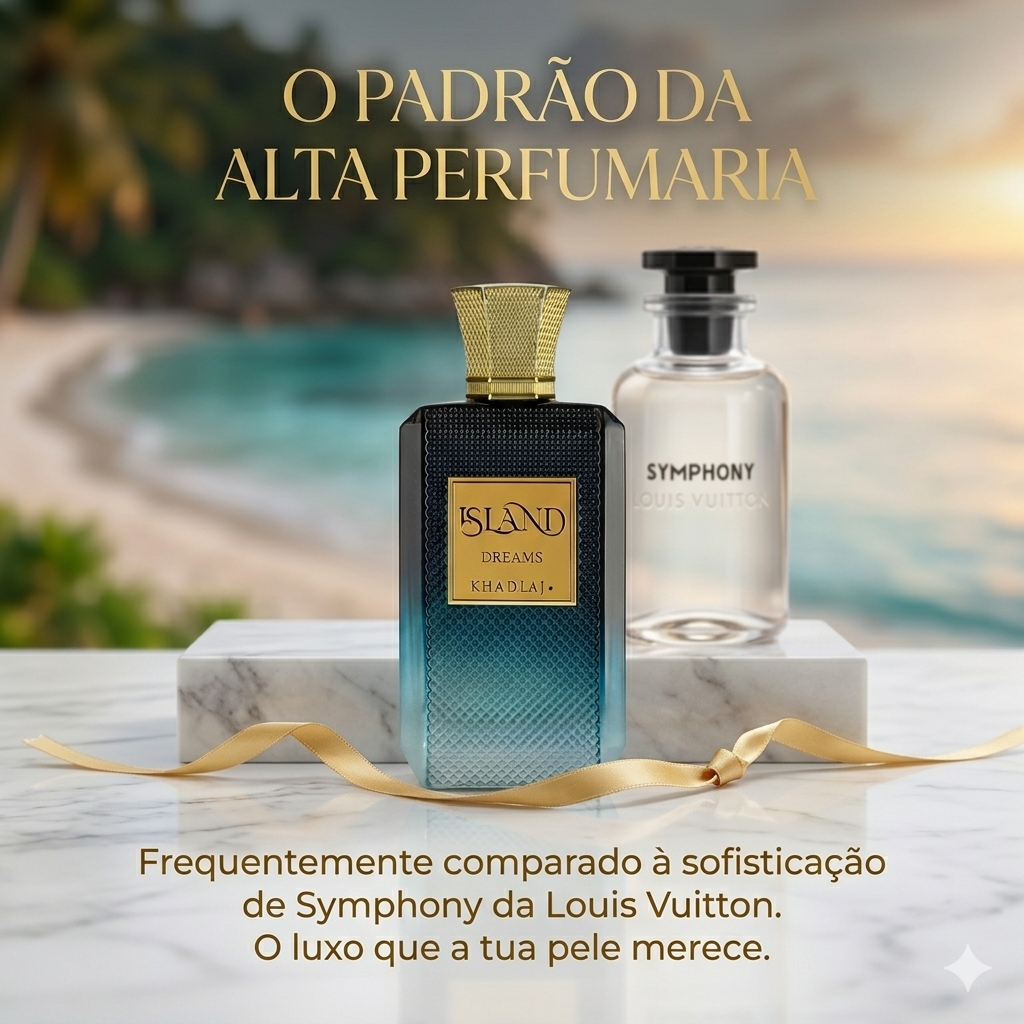 Frasco de perfume Island Dreams - Extrait de Parfum da Khadlaj, embalagem elegante com detalhes dourados, fundo neutro.