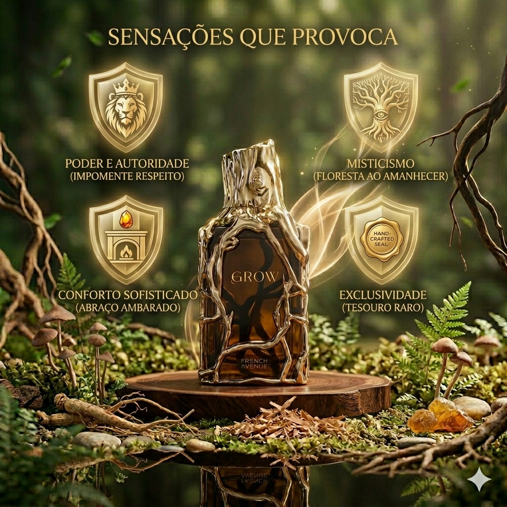 Frasco de 50ml de Grow Extrait de Parfum French Avenue da Luxos do Oriente, embalagem elegante e design sofisticado.