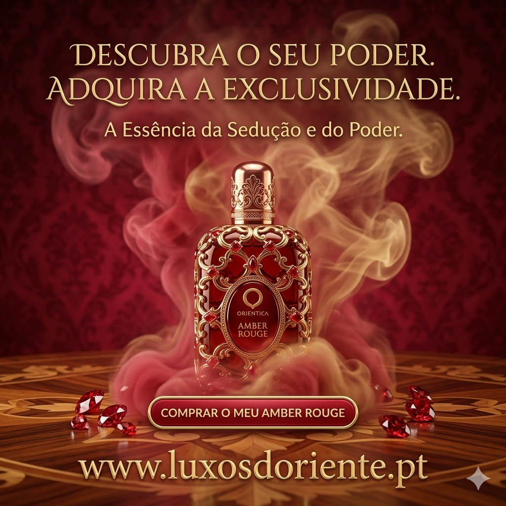 Frasco de perfume Amber Rouge da Orientica com design luxuoso, destaque para o rótulo e tampa dourada.
