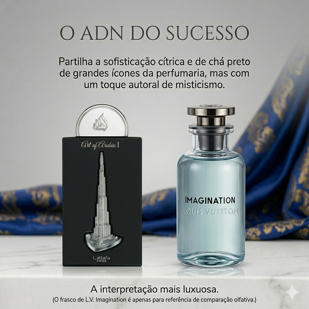 Frasco de Eau de Parfum Art of Arabia I da Lattafa Pride Original, com design elegante e detalhes dourados, para fragrância sofisticada.
