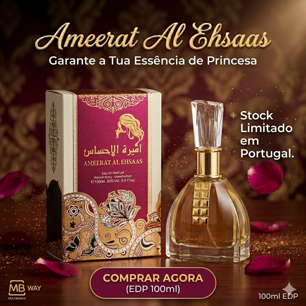 Frasco de perfume Ameerat Al Ehsaas Eau de Parfum da Ard Al Zaafran, embalagem original, com frasco elegante e detalhes dourados.