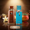 Pacote de líquidos Liquid Brun e Vulcan Feu da Luxos do Oriente, frascos de produtos capilares com etiquetas visíveis.