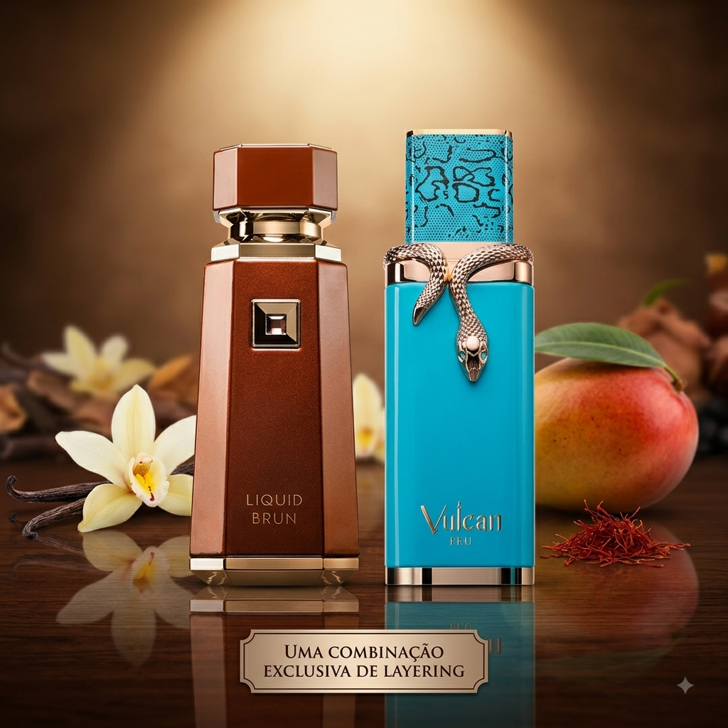 Pacote de líquidos Liquid Brun e Vulcan Feu da Luxos do Oriente, frascos de produtos capilares com etiquetas visíveis.