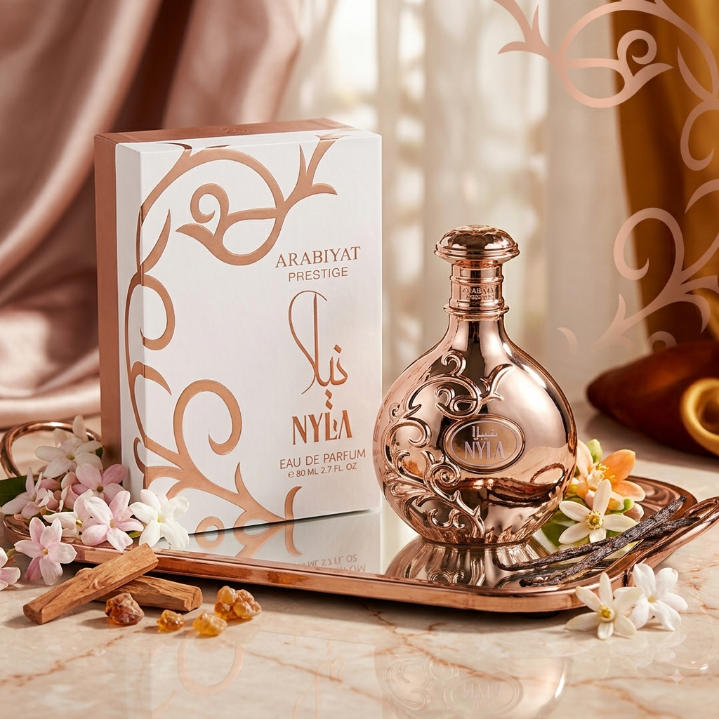 Perfume Nyla Arabiyat Prestige da Luxos do Oriente, frasco de Eau de Parfum com design elegante e detalhes dourados.