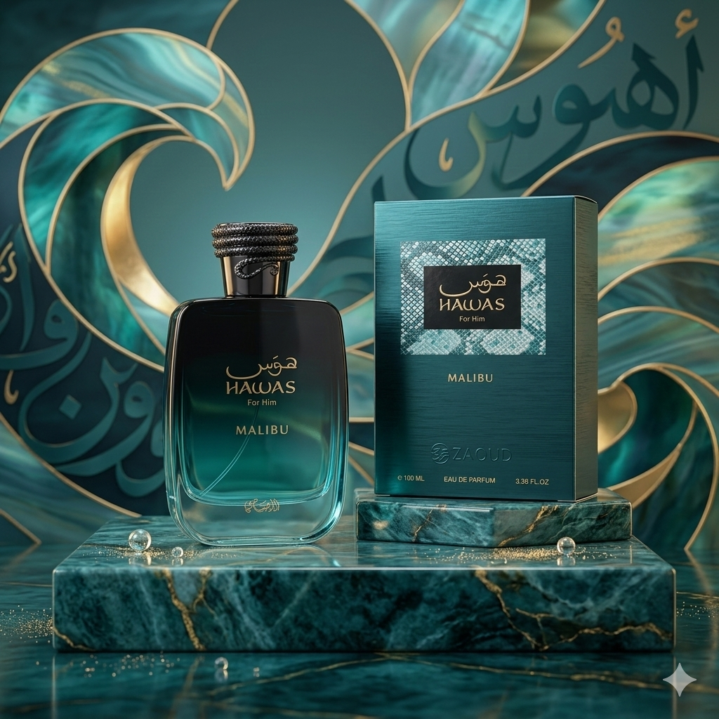 Frasco de Eau de Parfum Hawas Malibu da Rasasi, com design elegante e detalhes dourados, destacado sobre fundo neutro.