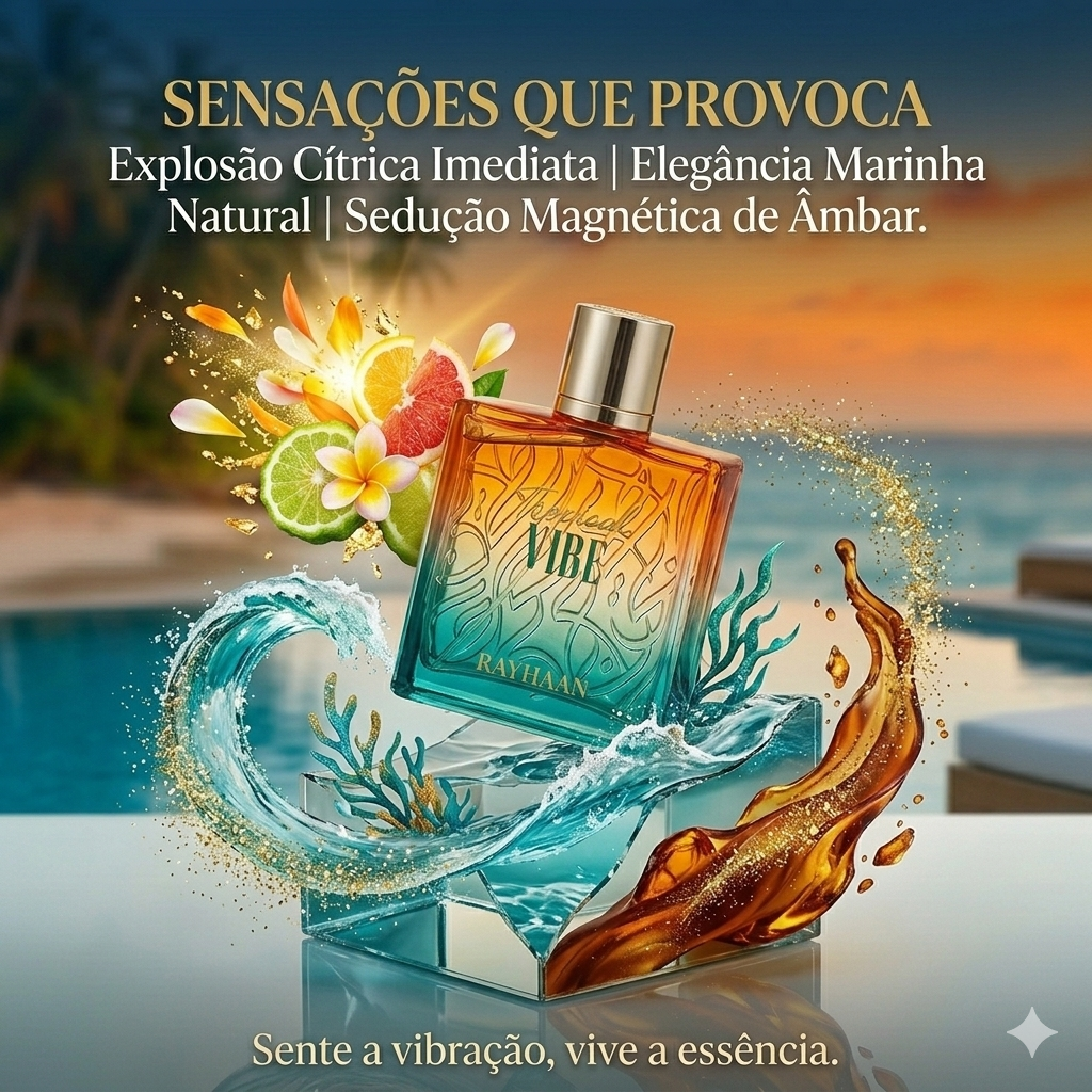 Frasco de Eau de Parfum Rayhaan Tropical Vibe da Luxos do Oriente, com design elegante e detalhes dourados.