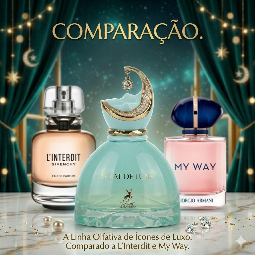 Frasco de Eau de Parfum Éclat de Lune da Maison Alhambra, com design elegante e detalhes dourados, sobre fundo neutro.
