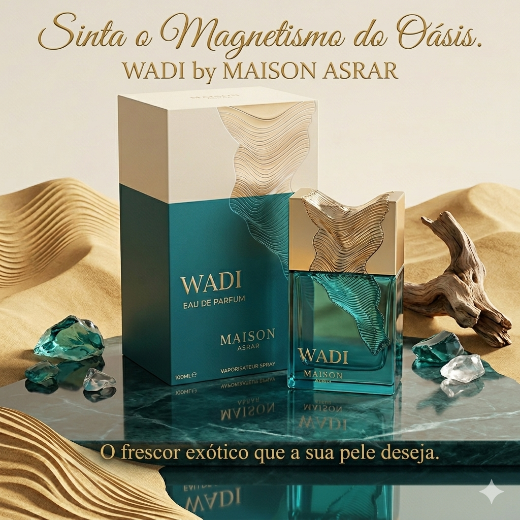 Frasco de Eau de Parfum Wadi da Maison Asrar, com design elegante, para homens e mulheres.