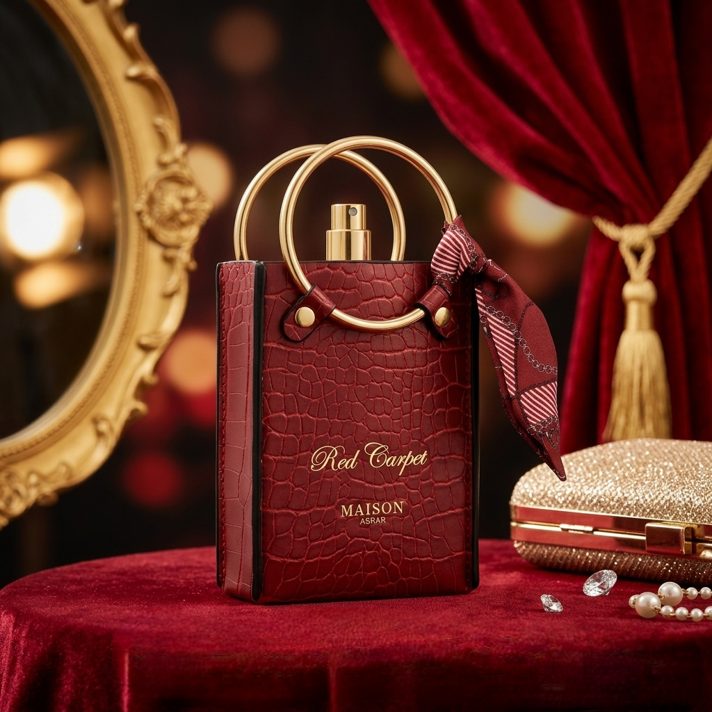 Perfume Eau de Parfum Red Carpet da Maison Asrar, frasco vermelho, elegante e sofisticado, para ocasiões especiais.