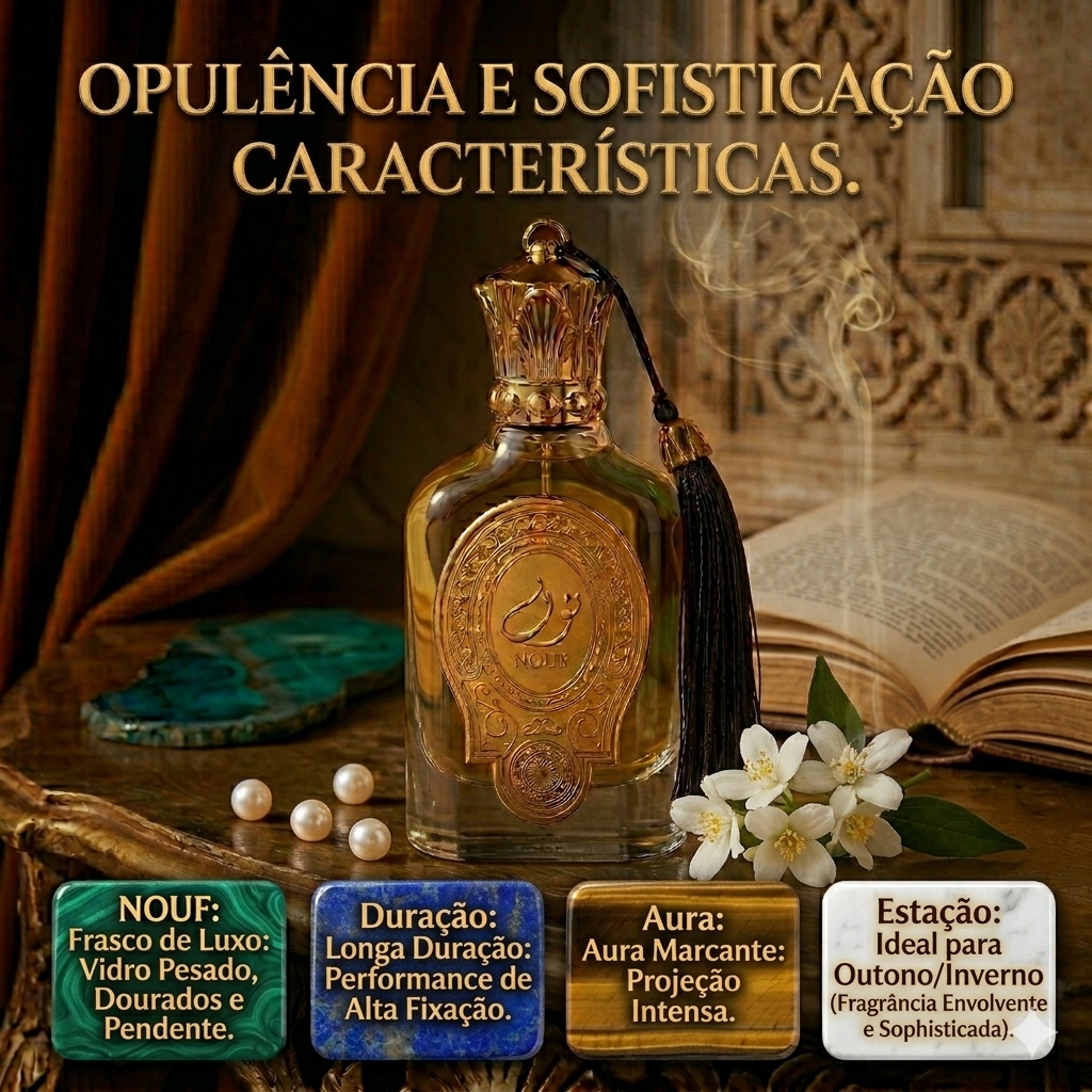 Perfume Nouf Eau de Parfum da Luxos do Oriente, embalagem elegante com frasco transparente e detalhes dourados.