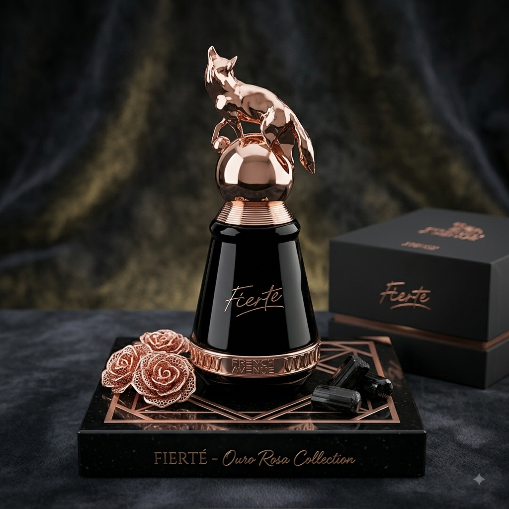 Frascos de perfume Fierté Eau de Parfum Luxos do Oriente na embalagem francesa, com detalhes elegantes.