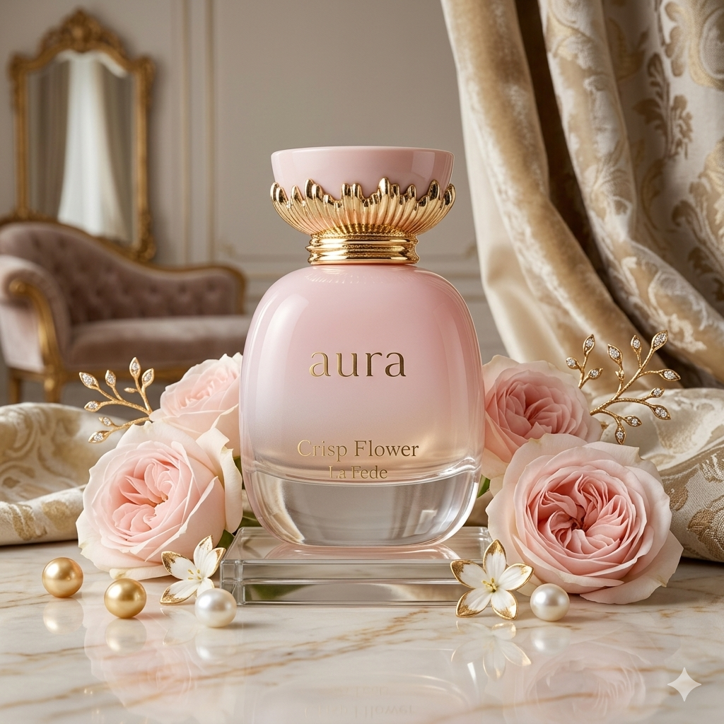 Perfume Aura Crisp Flower da Luxos do Oriente, frasco de Eau de Parfum com design elegante e florais delicados.