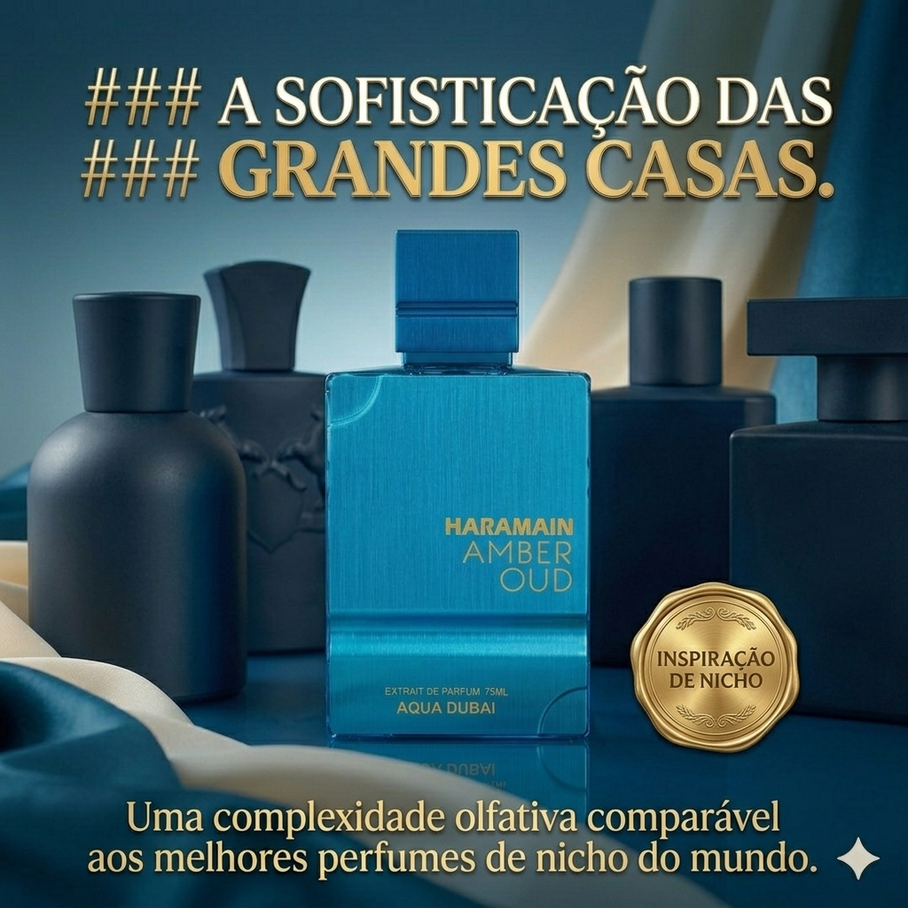 Frasco de perfume Haramain Amber Oud Aqua Dubai da Al Haramain, extrait de parfum com embalagem elegante e design refinado