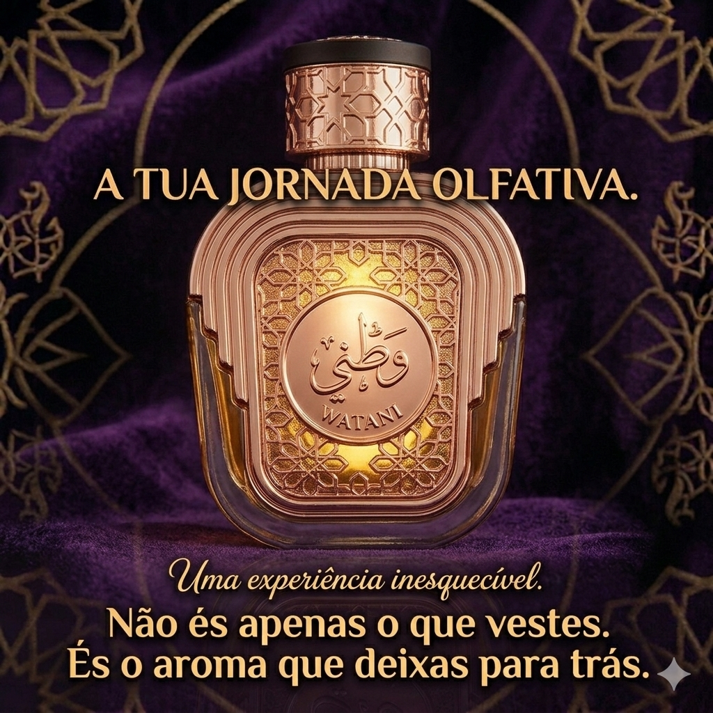Frasco de Eau de Parfum Watani Al Wataniah da Luxos do Oriente, com design elegante e detalhes dourados.
