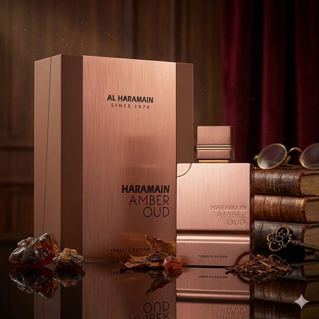 Frasco de perfume Amber Oud Tobacco Edition - Eau de Parfum Al Haramain, com design elegante e detalhes dourados.