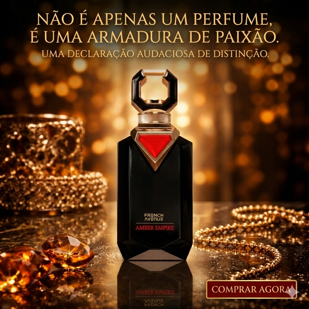 Frasco de perfume Amber Empire da Oud de Ouro, com design elegante e detalhes dourados, refletindo sofisticação e luxo.