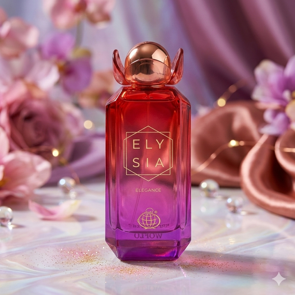 Elysia Elegance Eau de Parfum bottle by Luxos do Oriente with elegant design and floral notes displayed against a soft background.