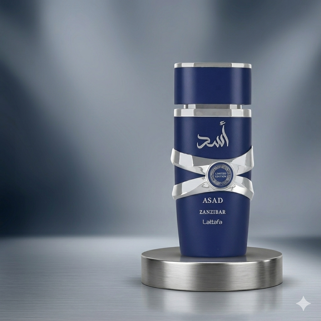 Frasco de Eau de Parfum Asad Zanzibar Limited Edition, Lattafa Original, com design elegante e detalhes dourados.