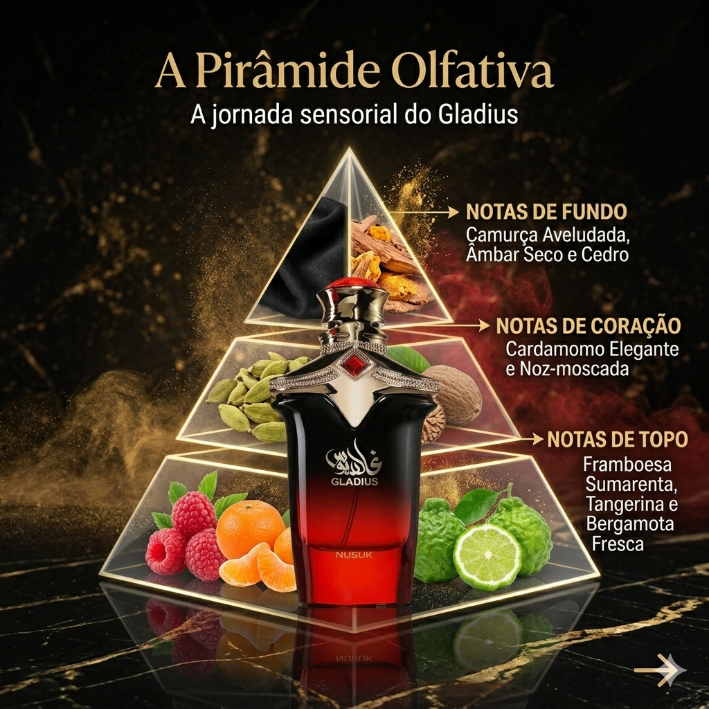 Frasco de perfume Gladius da Luxos do Oriente, extrait de parfum Nusuk Original, com design elegante e aromático.
