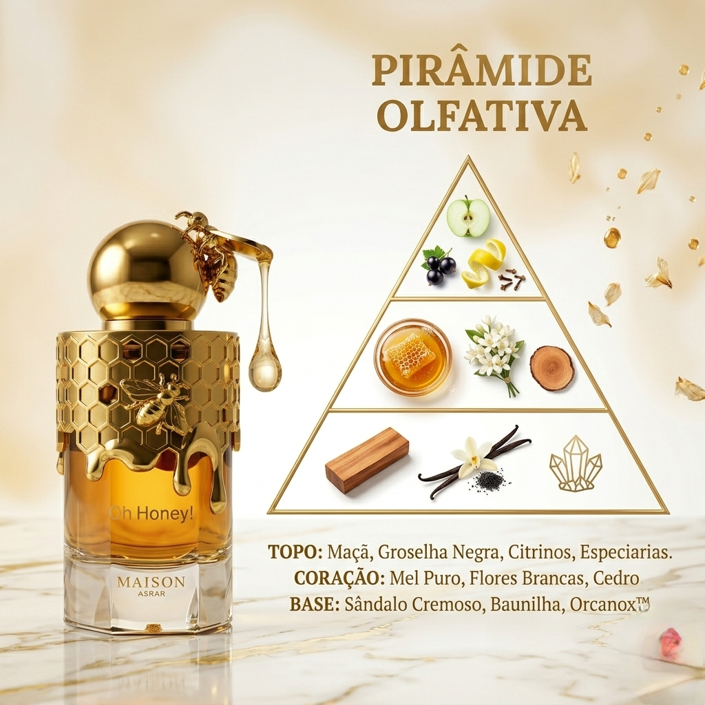 Perfume Oh Honey! Eau de Parfum da Maison Asrar, fragrância oriental com embalagem elegante, para uso diário e ocasiões especiais.