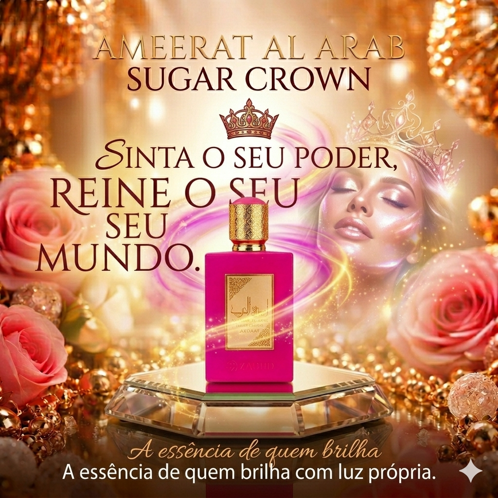 Frasco de perfume Oud de Ouro Ameerat Al Arab Sugar Crown Asdaaf Lattafa, embalagem elegante com detalhes dourados.