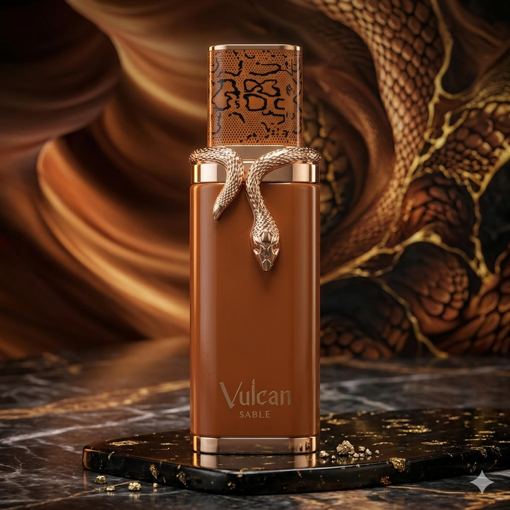 Vulcan Sable Eau de Parfum da Luxos do Oriente, frasco elegante de 100ml com design sofisticado e detalhes dourados.