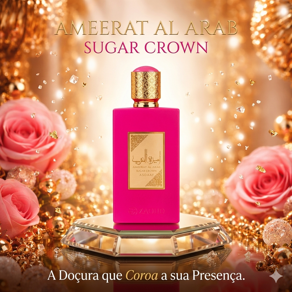 Coroa de açúcar Ameerat Al Arab Asdaaf Lattafa Original, fragrância Oud de Ouro, detalhe decorativo em imagem.