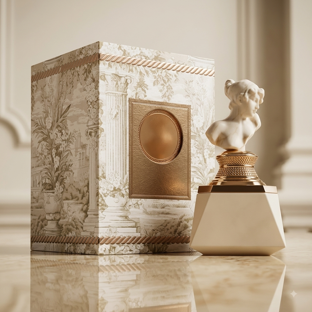Frasco de perfume Venus de Milo Eau de Parfum da Luxos do Oriente, com design elegante e detalhes dourados.