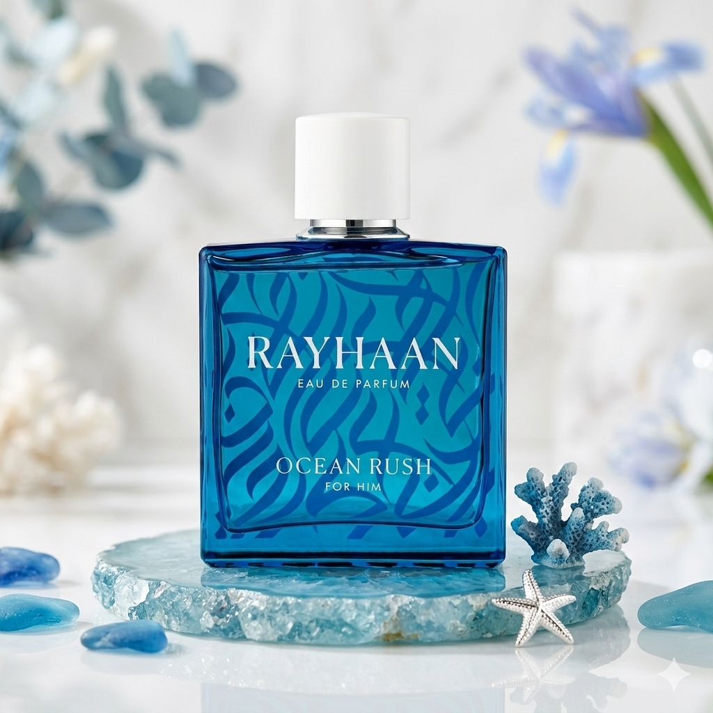 Rayhaan Ocean Rush Eau de Parfum by Luxos do Oriente in an elegant bottle with ocean-themed design.