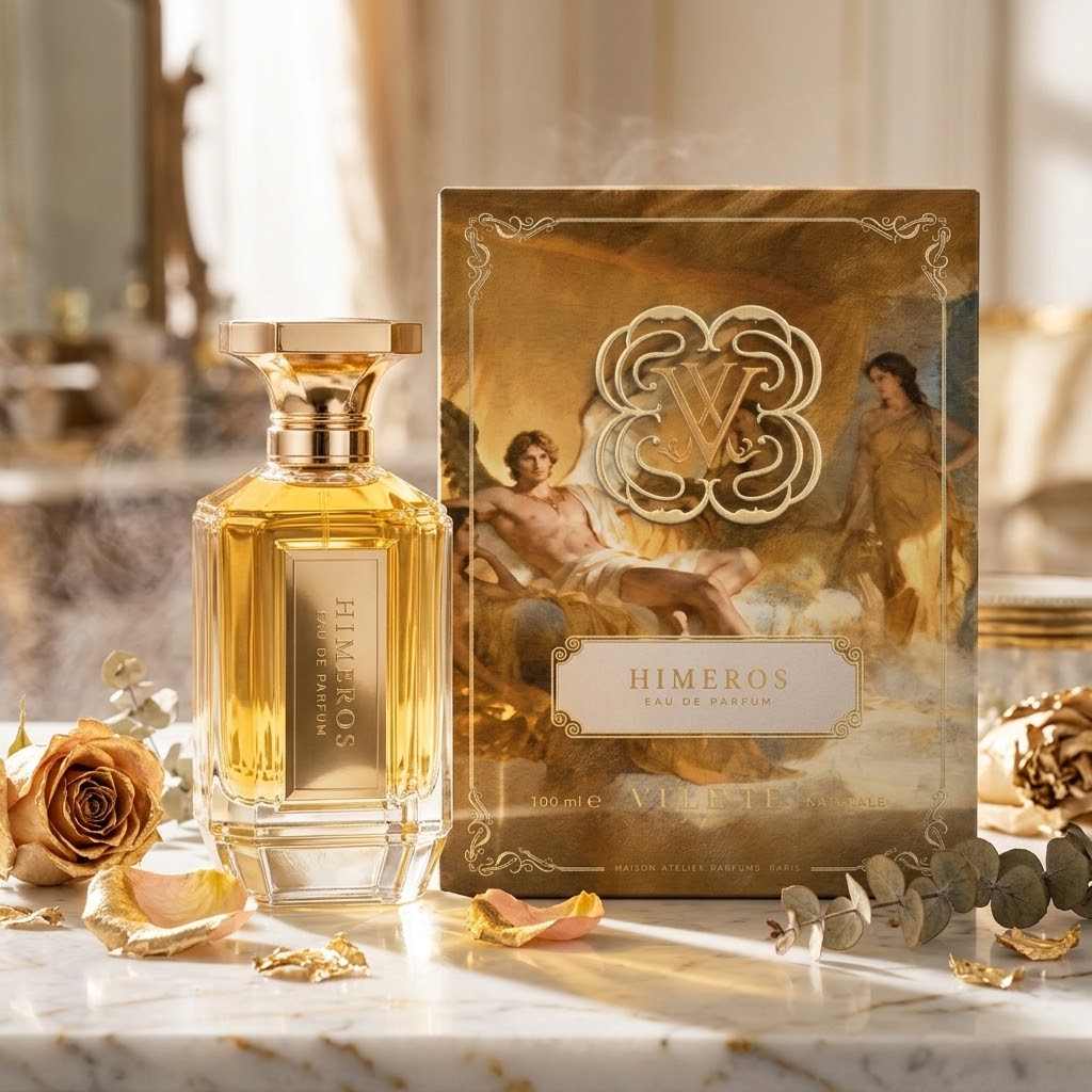 Frasco de perfume Himeros Eau de Parfum Velixir da Luxos do Oriente com design elegante e detalhes dourados.