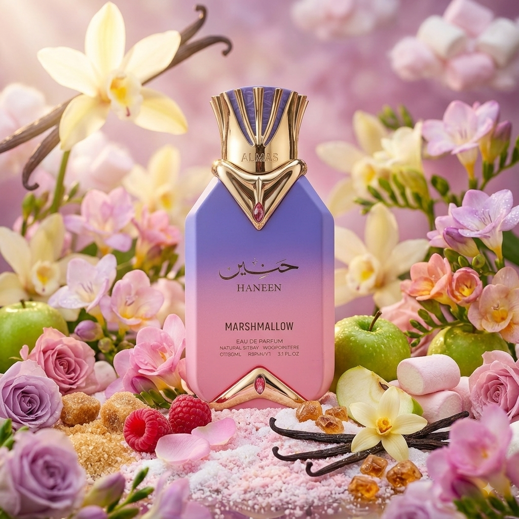 Frasco de Eau de Parfum Haneen Marshmallow da Alma Perfumes, com design elegante e tampa dourada.
