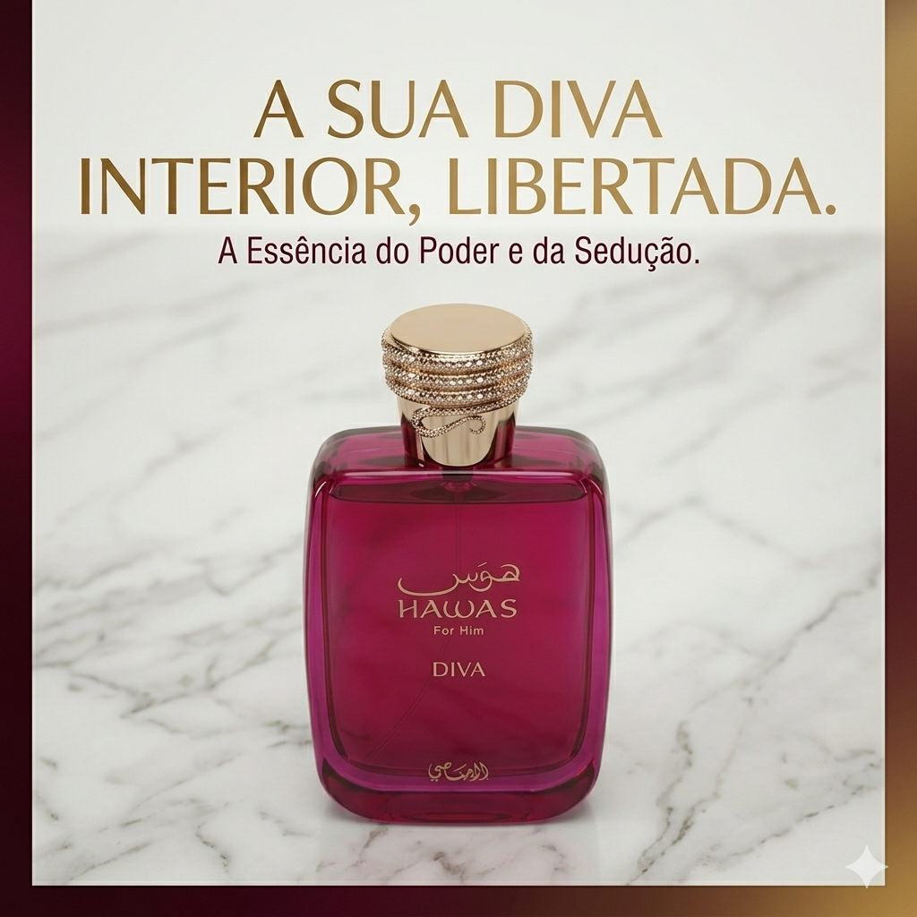 Frasco de perfume Hawas Diva - Eau de Parfum da Rasasi, com design elegante e detalhes dourados, em fundo neutro.