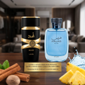 Conjunto de perfumes masculinos Asad e Hawas para ele da marca Luxos do Oriente, frascos de vidro com detalhes elegantes.