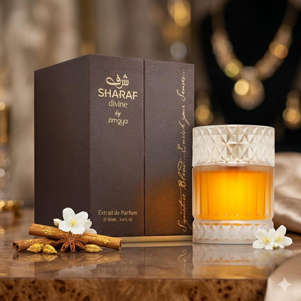 Frasco de perfume Sharaf Divine Zimaya Original da Luxos do Oriente, com design elegante e detalhes dourados.