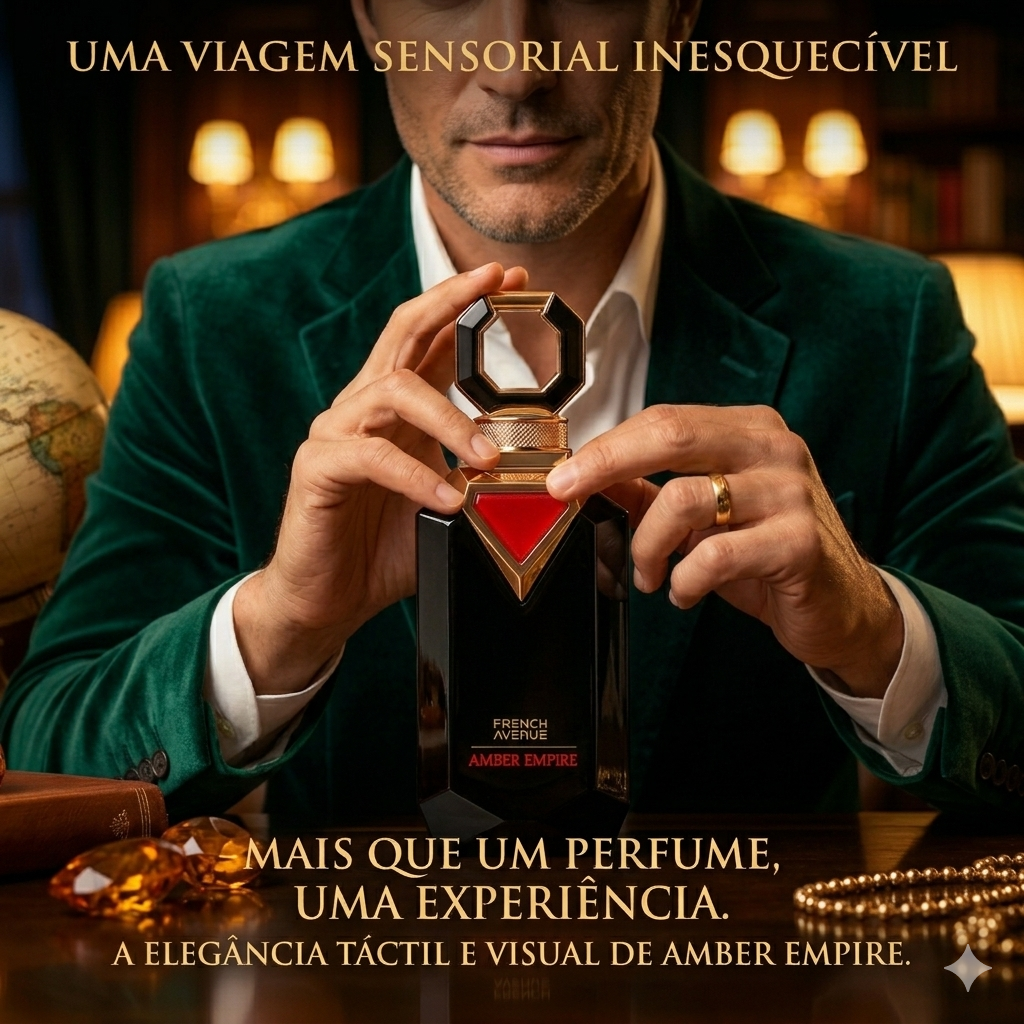 Frasco de perfume Amber Empire da Oud de Ouro, design elegante com detalhes dourados, destaque para a fragrância luxuosa.