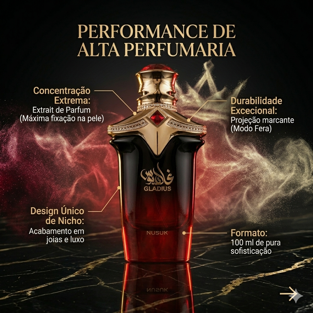 Frasco de perfume Gladius Extrait de Parfum da Luxos do Oriente, com embalagem elegante e design sofisticado.