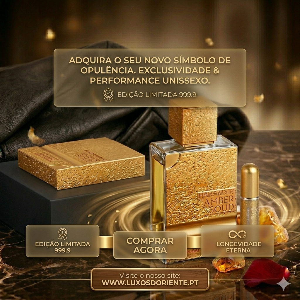 Frasco de perfume Al Haramain Amber Oud Gold Dubai Edition, extrait de parfum original, com design elegante e detalhes dourados.