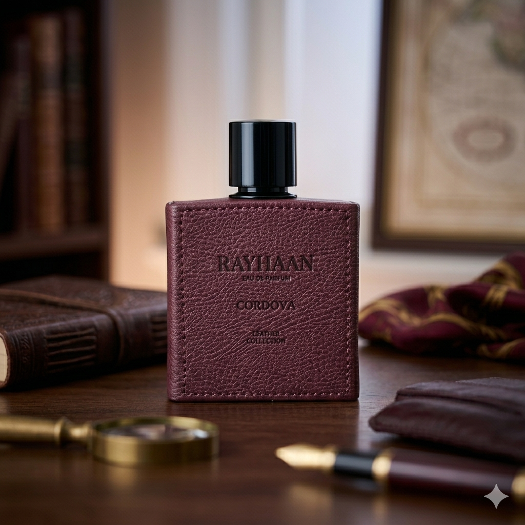 Perfume Rayhaan Cordova da Luxos do Oriente, embalagem de Eau de Parfum Rayhaan Original, frasco elegante e detalhado.