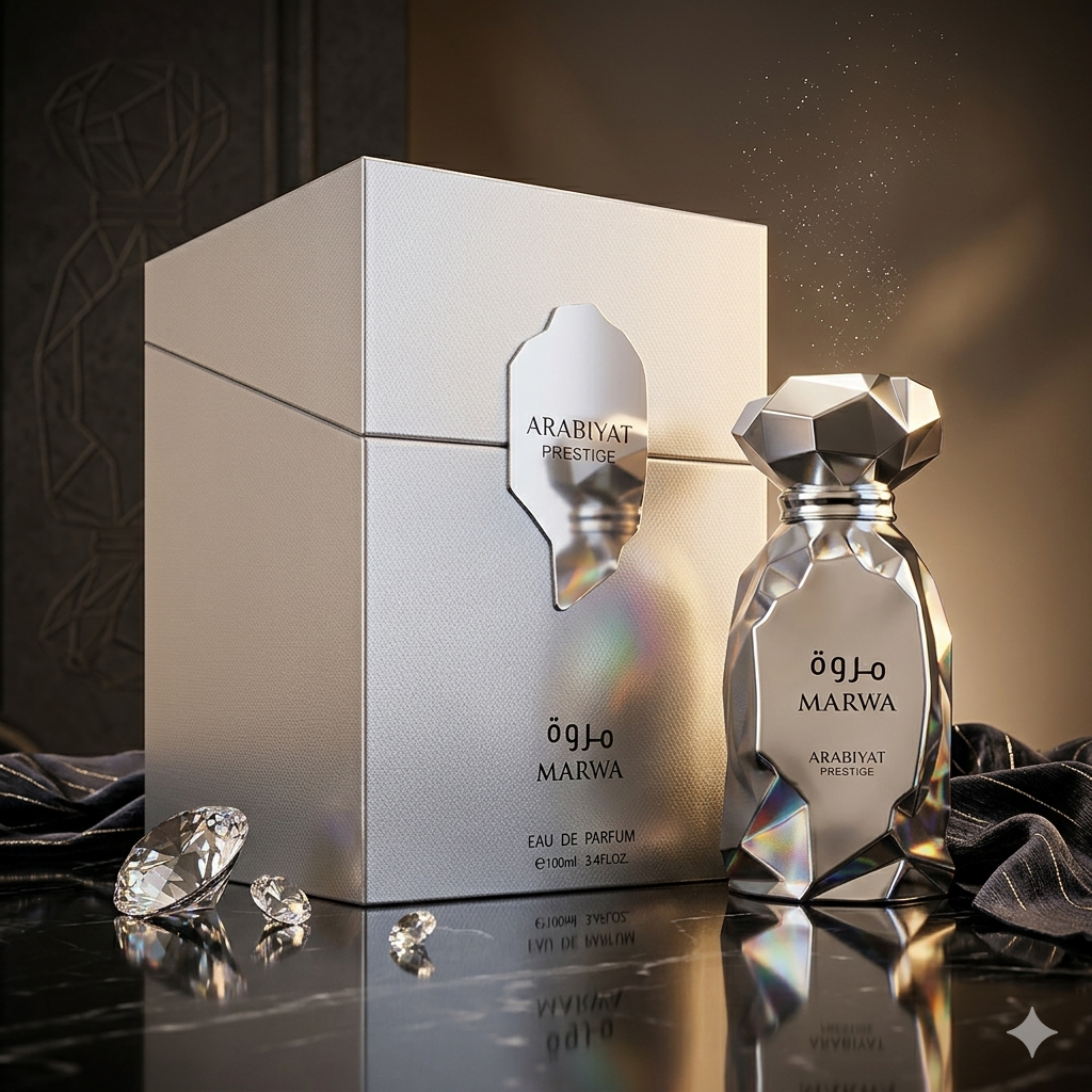 Frasco de Eau de Parfum Marwa Arabiyat Prestige da Luxos do Oriente, embalagem elegante e design sofisticado.